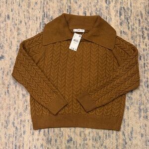 NWT Mango Camel Cable Knit Sweater with Collar